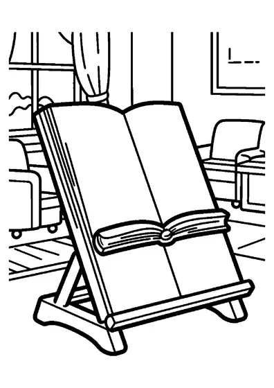 Un support de lecture en bois doté de larges panneaux se trouve près d’un fauteuil, dans un coin lecture à la maison.