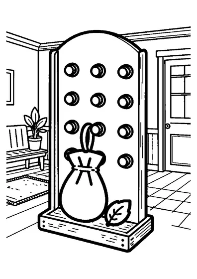 Un porte-clés en bois doté de larges compartiments est posé sur une étagère dans l’entrée de la maison.