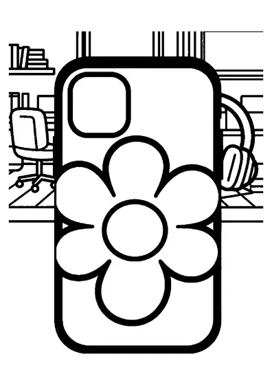 Une coque de téléphone avec une grande fleur est posée à côté d'écouteurs et d'une petite pochette douce sur un bureau.