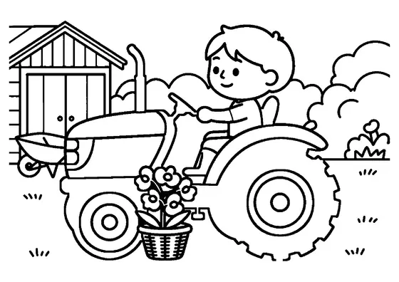 Un pequeño tractor de jardín estacionado en el césped junto a una cesta de mimbre repleta de orquídeas.