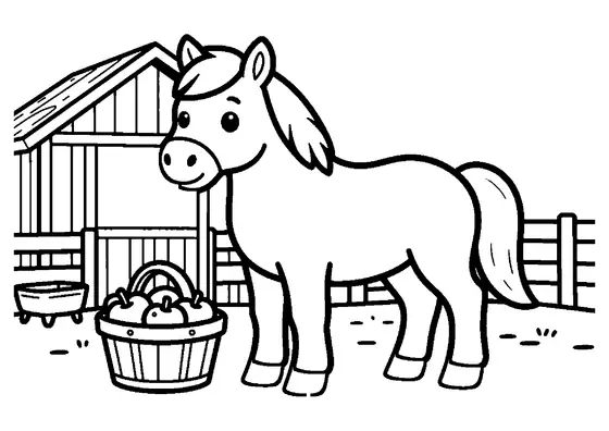 Un caballo frente a un establo de madera junto a una cesta llena de manzanas.