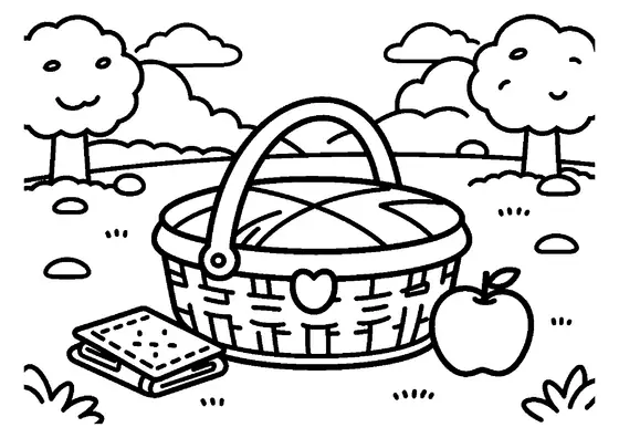 Uma cesta de picnic fechada está ao lado de uma maçã num parque com árvores e nuvens.
