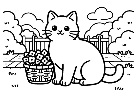 Un gatto tranquillo seduto accanto a un grande cesto di fiori sul portico del giardino.
