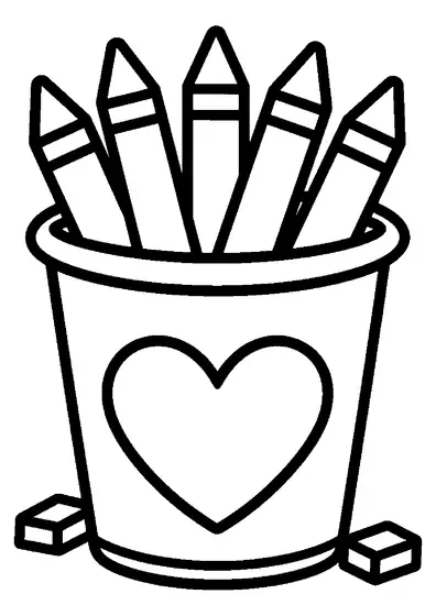 A wide pencil cup decorated with a large heart and colored pencils sticking out.