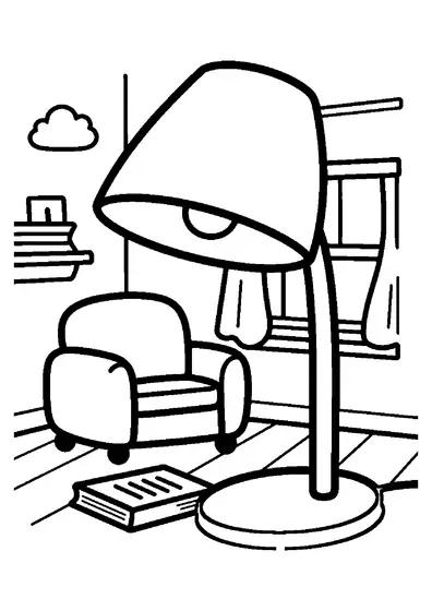 Uma luminária com uma cúpula larga está ao lado de um livro fechado e uma almofada num canto de leitura.