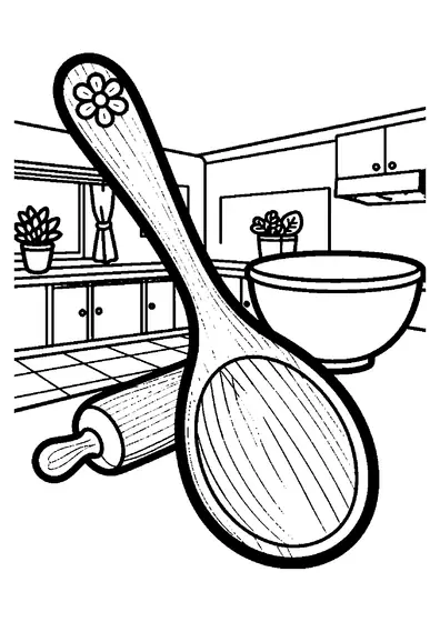 Une grande cuillère en bois ornée d'une fleur posée près d'un bol et d'un rouleau à pâtisserie sur un plan de travail.