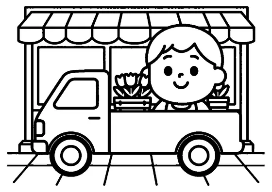 Una pequeña camioneta de floristería cargada con cajas de tulipanes estacionada frente a la tienda de flores.