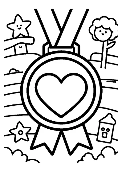 A large paper award medal with a center heart and wide dangling ribbons.