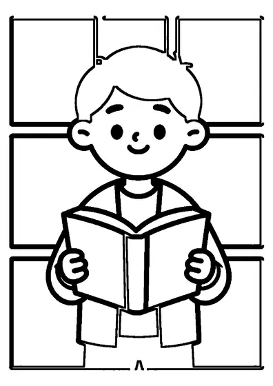 A smiling young reader standing with a closed book in hand.