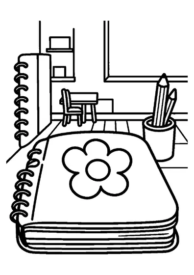 Un carnet fermé orné d'une grande fleur posé près d'un crayon et d'un pot sur un bureau.