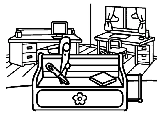 Um organizador com divisórias está ao lado de tesouras e um caderno em uma mesa de trabalho doméstica.