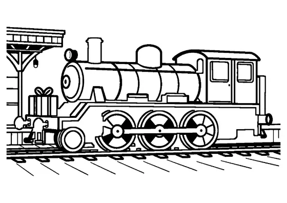 Una locomotora de vapor antigua en el andén junto a un carro de equipaje cargado con regalos envueltos.