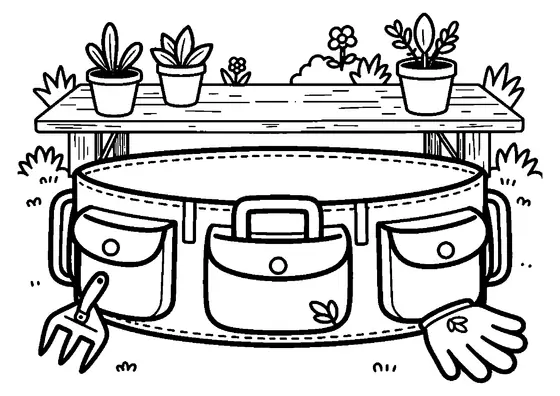 Una larga cintura porta attrezzi da giardino con capienti tasche appoggiata accanto a un'aiuola.