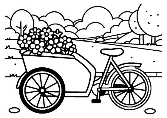 Una bici cargo con un grande cesto pieno di fiori parcheggiata lungo un viale alberato del parco.