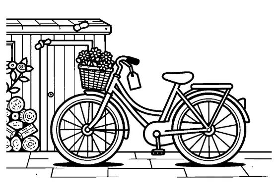 Una bicicleta de época con una cesta de mimbre llena de margaritas apoyada contra una leñera de madera.