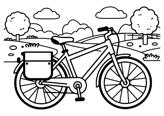 Une grande sacoche est fixée à un vélo garé près d’une allée de parc.