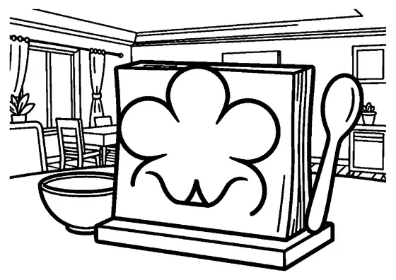 Un grand porte-serviettes décoré d'une fleur posé sur une table familiale, avec un bol et une cuillère, salle à manger en arrière-plan.