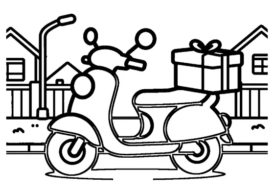 Una moto de reparto lleva una gran caja de dulces atada con un lazo por una calle residencial.
