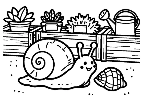 Un caracol arrastrándose junto a una concha marina pintada en un huerto de hierbas.