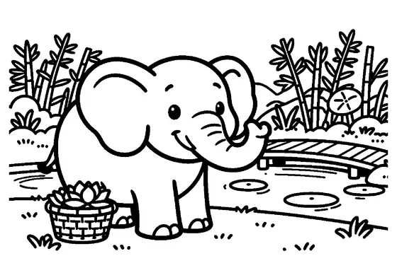Un pequeño elefante sostiene una flor con la trompa junto a una cesta de flores cerca de un estanque.