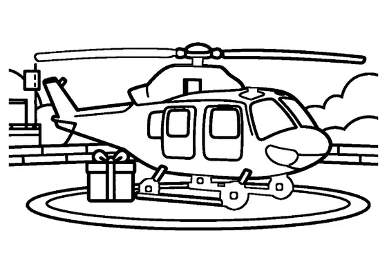 Un helicóptero médico en el helipuerto de una azotea junto a un gran regalo envuelto.