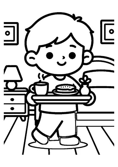 Un niño lleva una bandeja con el desayuno y una taza hacia la cama en la habitación.