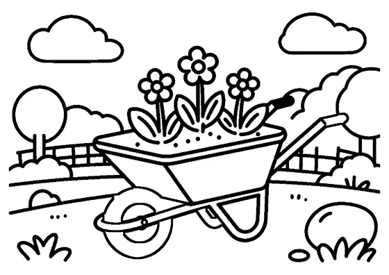 Una capiente carriola da giardino colma di fiori freschi lungo un sentiero erboso.