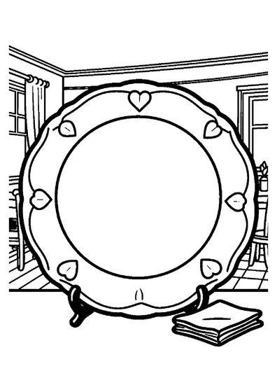 Une assiette décorative avec un grand cœur posée sur un support près d'un bol, sur fond de salle à manger familiale.