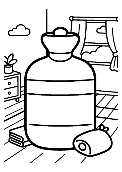 Una grande borsa dell'acqua calda con una custodia in maglia a righe appoggiata in una stanza accogliente.
