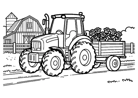 Un tractor de granja arrastrando un remolque cargado de macetas con rosas florecidas por un camino rural.