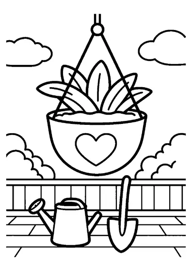 Un grand cache-pot suspendu avec un cœur et une plante à feuilles sur fond de terrasse ensoleillée.