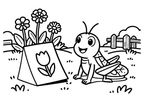 Un saltamontes en un prado junto a una gran tarjeta plegada decorada con un tulipán.