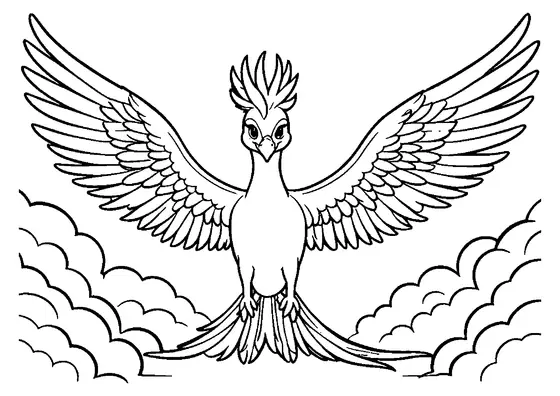 O pasăre Phoenix magică cu aripi mari întinse peste un nor simplu.