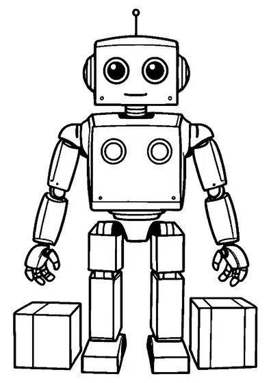 Un robot mare și prietenos care stivuiește trei cuburi netede de jucărie unul peste altul.