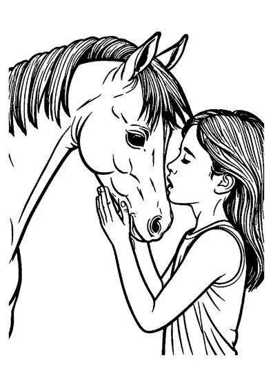 Desenho para colorir com um pônei e uma menina segurando seu focinho, com grandes áreas limpas para colorir para as crianças.