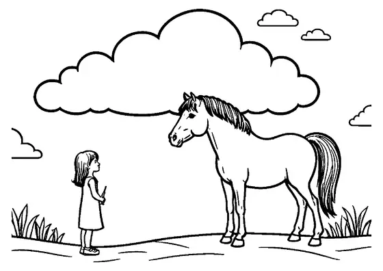 Desenho para colorir com uma menina e um pônei em um campo sob uma grande e fofa nuvem.