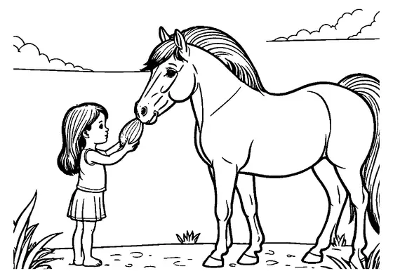 Uma menina mostra a um pônei uma concha grande contra um cenário simples com nuvens, um desenho ideal para preencher com lápis de cor.