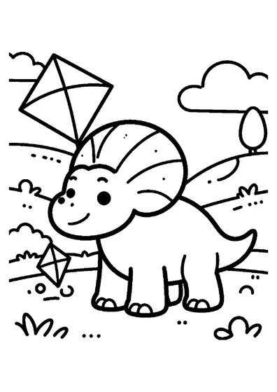 A smiling ankylosaurus standing on a grassy hill next to a large kite.