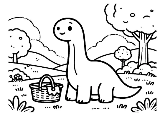 A friendly apatosaurus sitting in a meadow beside a large picnic basket.