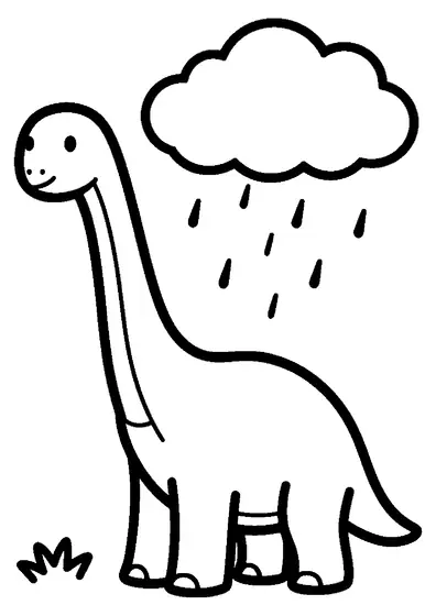 Un apatosaurio está en diagonal bajo una gran nube con gotas de lluvia.