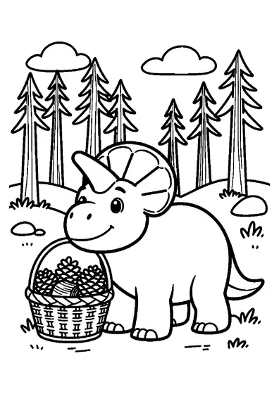 Un jeune avaceratops se tient près d'un grand panier rempli de larges pommes de pin dans une forêt de pins.