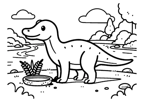 Ein lächelnder Brachylophosaurus steht neben einem Steintablett und einem großen Bündel Farne.