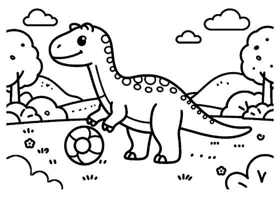 Un Dracorex sorridente si trova accanto a una grande palla in un prato aperto.