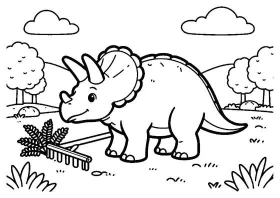 Un eotriceratops bienveillant se tient à côté d'un grand râteau en bois dans une prairie forestière.
