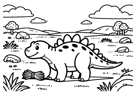 Um gigantopiteco sorridente está ao lado de um grande feixe de grama alta em uma planície aberta.