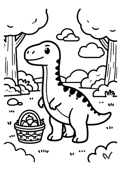 Un piccolo Heterodontosaurus si trova vicino a un grande cestino di ghiande su un sentiero.