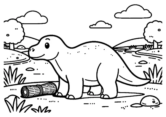 Ein junger Hypacrosaurus steht neben einem großen Bündel Schilf am Ufer eines breiten Teichs.