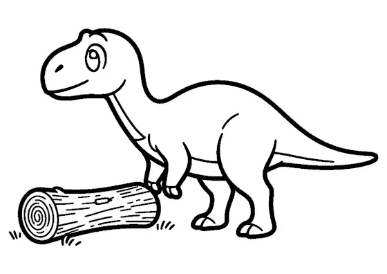 Ein Hypsilophodon steht seitlich neben einem kurzen umgestürzten Baumstamm.