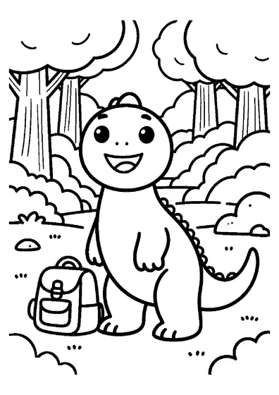 A young iguanodon standing next to a large backpack on a wide forest path.