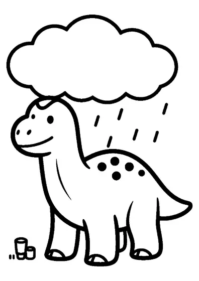 Un coritosaurio está de frente bajo una nube con grandes gotas de lluvia.
